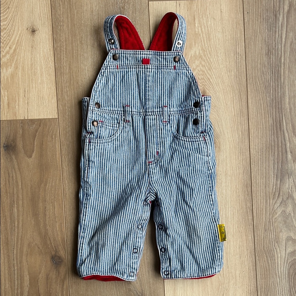 Please Mum, red fleece lined, striped overalls, 6 mo